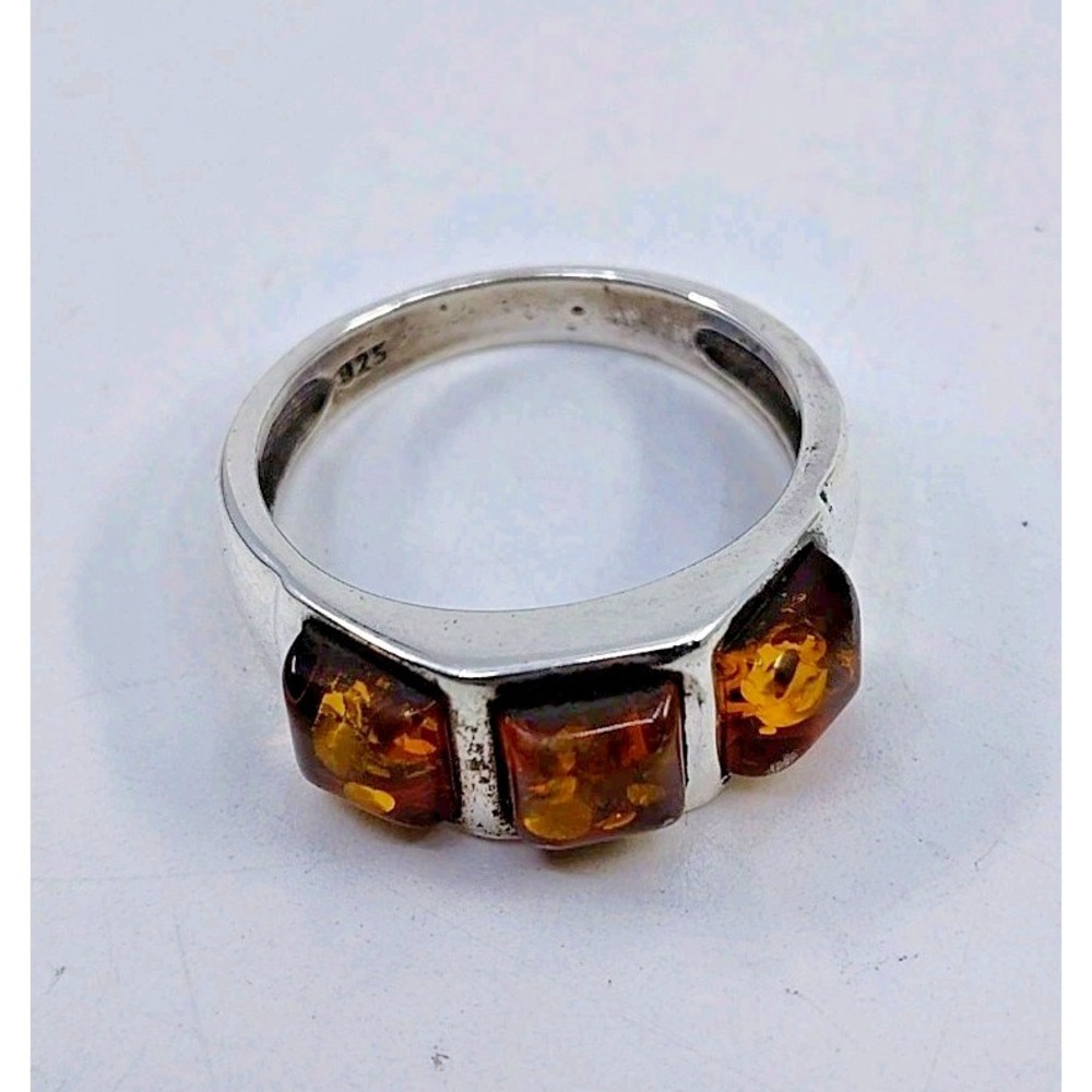 925 Sterling Silver Honey Amber 3 Stone Statement Ring Size 9 Women's